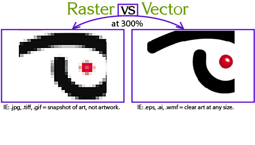 The image to the left above is representative of a bitmap or raster and the image to the right is representative of a vector graphic.